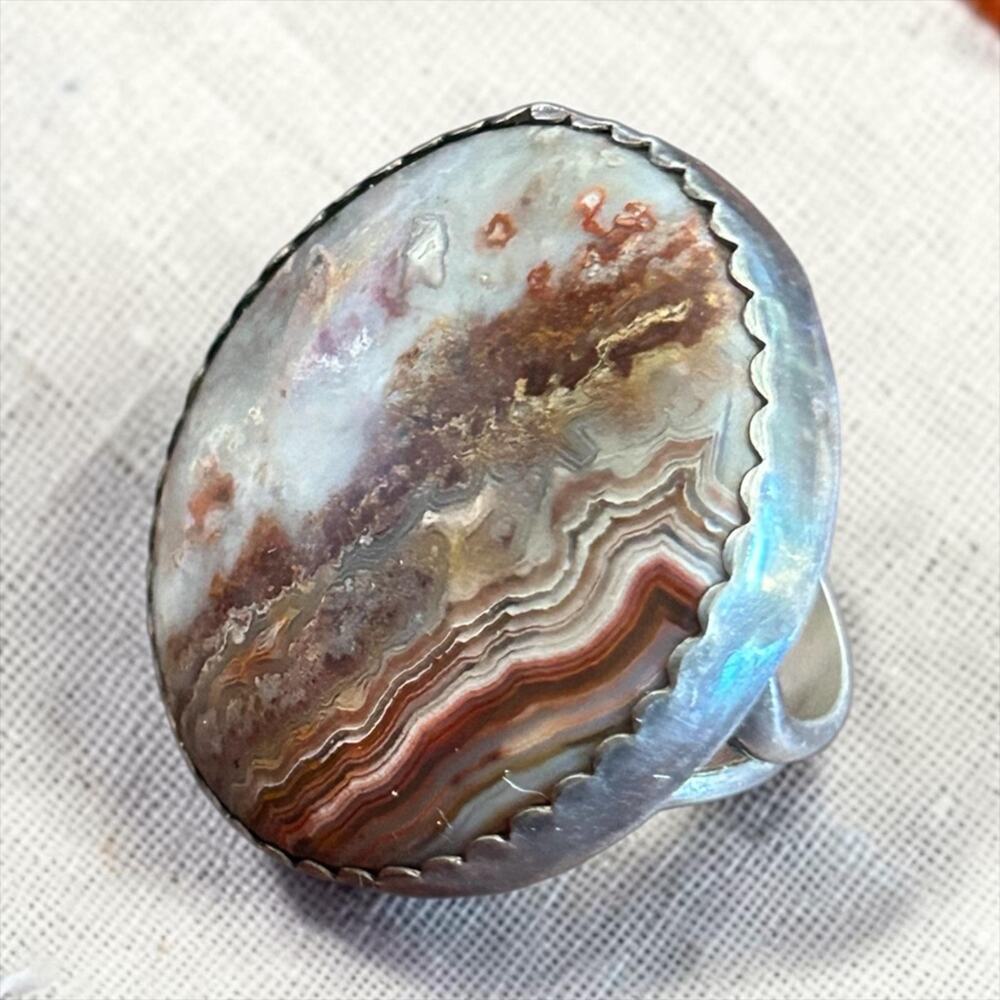 Large One of a Kind Sterling Banded Agate Statement Ring Size 9
